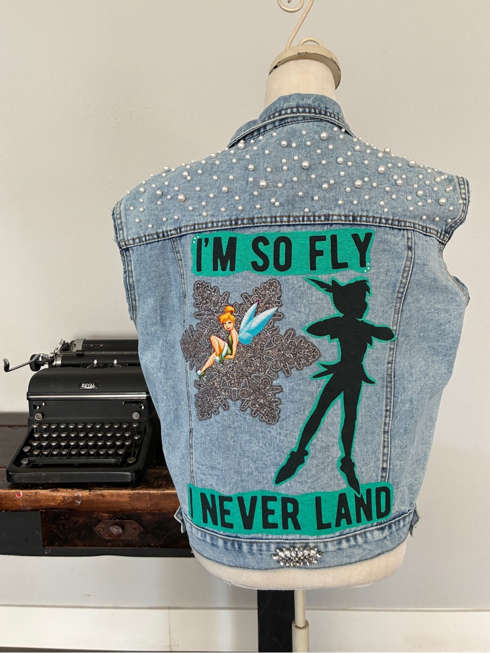 Disney Upcycled Peter Pan and Tinkerbell Neverland Denim Vest - Size XL - Picture 9 of 16